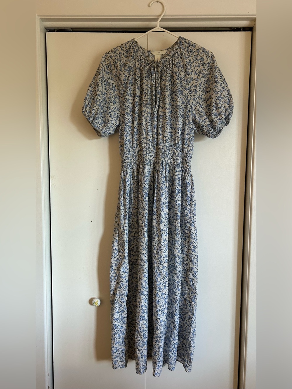 H&M Blue and White Floral Tie-Neck Maxi Dress